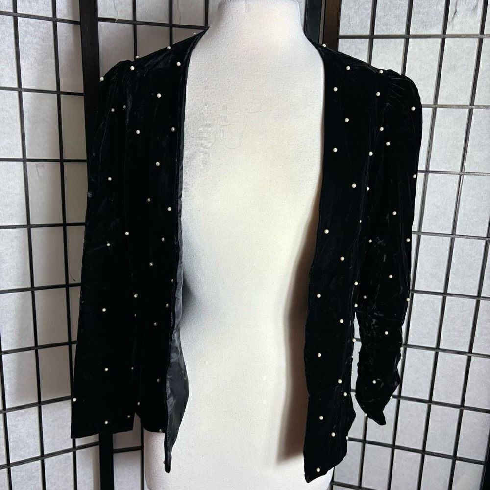 Jo Ed Sophisticates Black Velvet with Pearls Open Front Jacket
